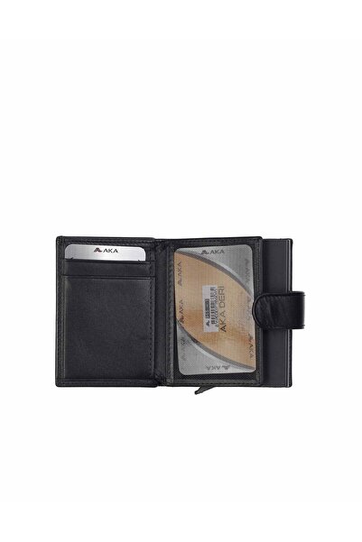 Aka Deri Black Leather - Mechanical Card Holder Wallet 015 1