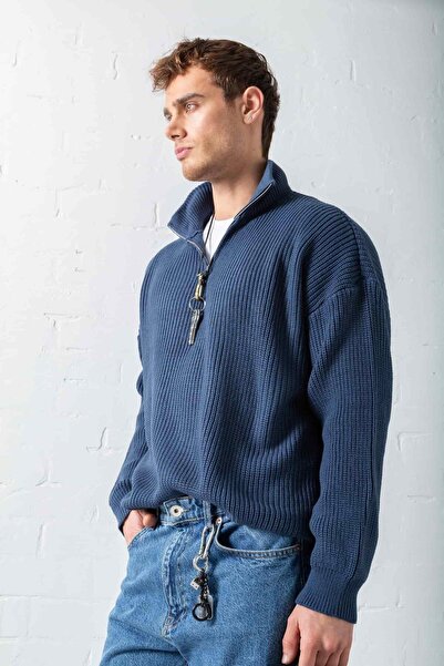 ablukaonline Férfi túlméretes félcipzáras pulóver, sötétkék