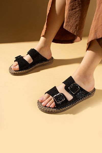 Pembe Potin Women's Black Suede Crystal Double Buckle Poly Comfortable Straw Sole Slippers Sandals