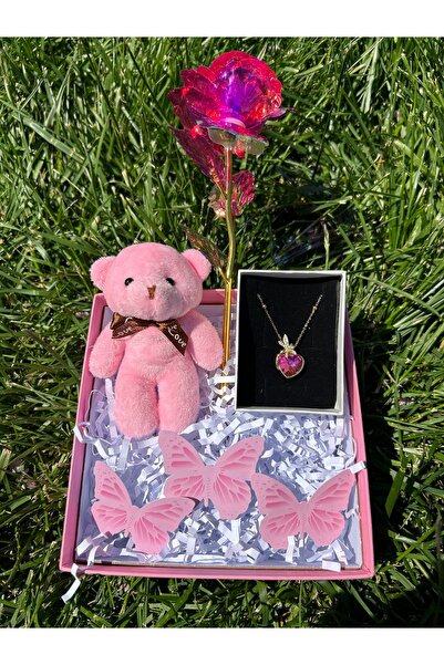 speswear Pembe Işıltı Set’i Sonsuzluk Gülü Kolye Ayıcık Sevgiliye