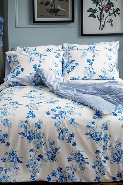 Leruum London طقم غطاء لحاف كبير الحجم مخطط زهري أزرق غطاء لحاف 240 × 220 و2 كيس وسادة كينج 100% قطن