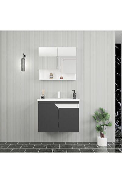 ARNETTİ Divino Alvis 80 Cm Lavabolu Banyo Dolabı – Antrasit Kapaklı, Beyaz Gö...