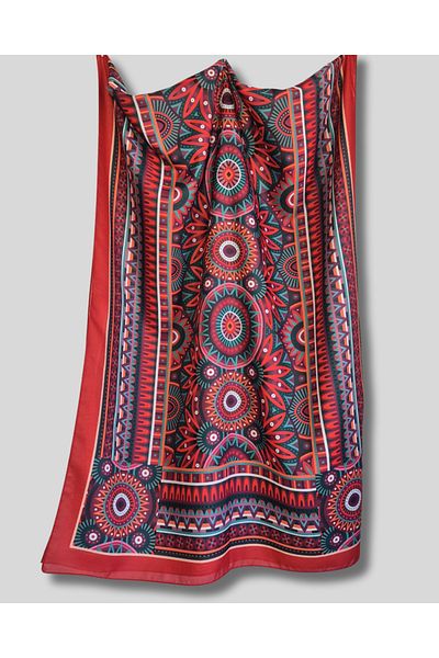 POZİTİF MRK Red Cotton Shawl African Mandala Patterned 70Cmx190Cm