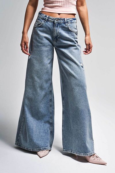 its basic Blugi de damă, culoare 10s5-32, picior de elefant, cu croială largi, 100% bumbac, blugi din denim cu detaliu rupt