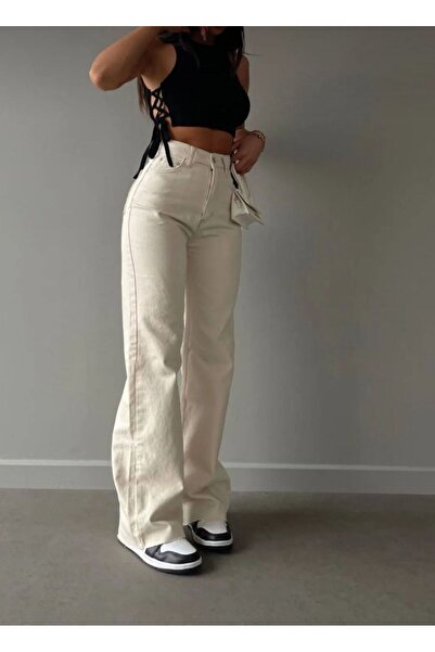 CİHAN PAPEL Blugi largi, crem, de damă, blugi Palazzo cu talie înaltă, crem