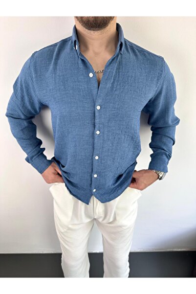 tiggir moda قميص كتان مجعد باللون الكحلي