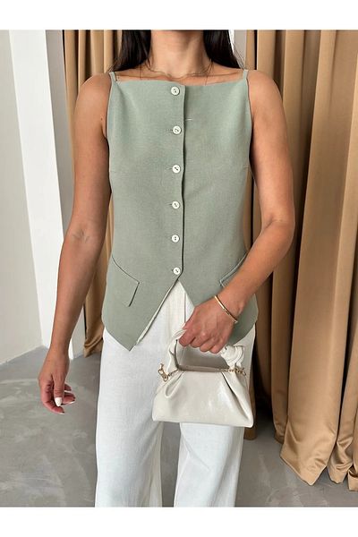 Laluvia Çağla 100% Cotton Thin Strap Vest with Pocket and Button Detail - 7253