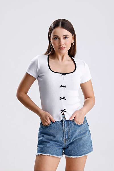 MOONBULL Γυναικεία κοντομάνικη μπλούζα με 4 φιόγκους στο μπροστινό μέρος