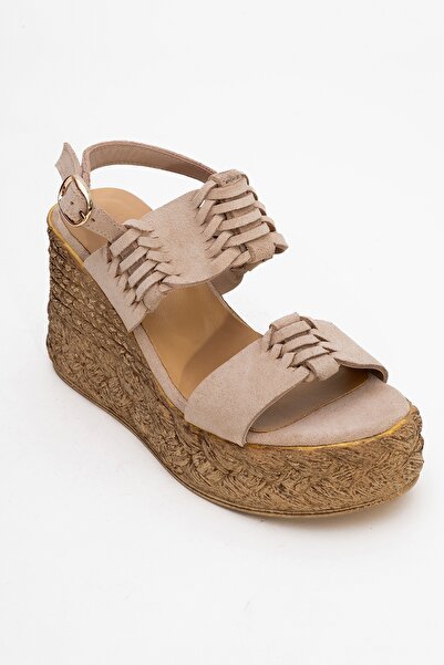 LuviShoes Oli̇en Beige Suede Genuine Leather Women's Wedge Heeled Sandals