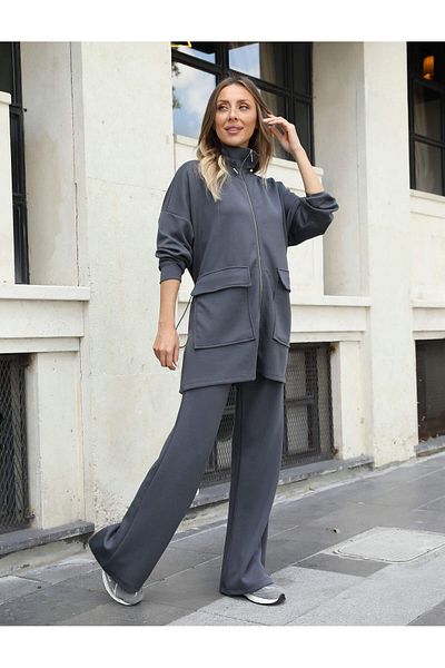 QİMYA BUTİK Buketli̇ Women's Long Top and Drawstring Waist Oversize Sweatshirt & Trousers Two-Piece Set