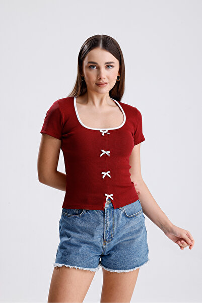 MOONBULL Ženska bluza kratkih rukava Rebrasto sa 4 mašne na prednjoj strani