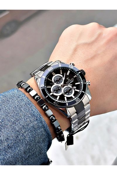 Reward Silver Color Steel Cord Stylish Design Men's Wristwatch + Bracelet