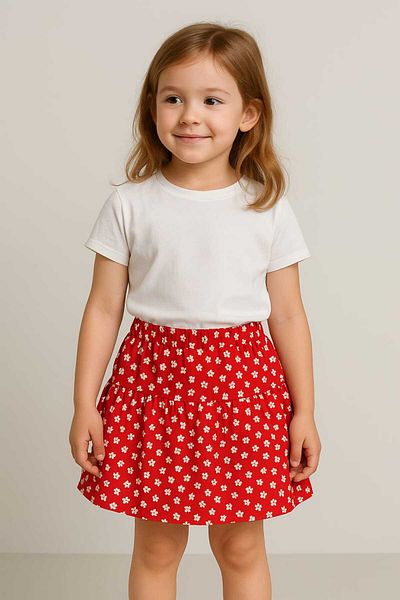 gigigiyim Floral Patterned Girl's Skirt with Shorts Inside Red