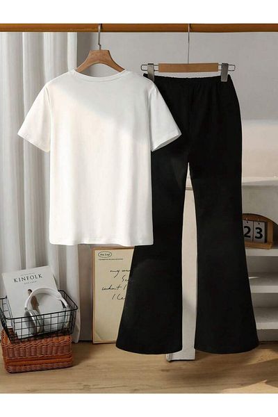 LOUİSA Girl Capybara Printed White T-Shirt-Black Flared Leggings Set