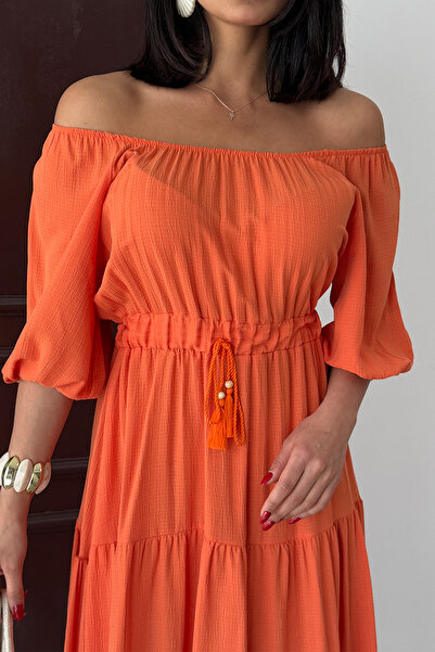 Ortaya Çık Πορτοκαλί λινό καλοκαιρινό φόρεμα με γιακά Madonna