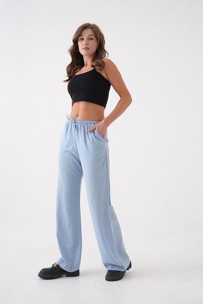 minaaise Pantaloni de damă, albaștri, cu talie elastică și cu cravată, 29092