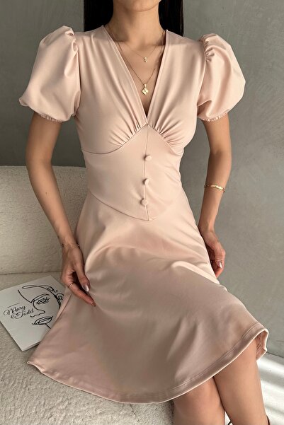 Fav Style Kadın V Yaka Düğme Detaylı Kısa Karpuz Kollu Mini Elbise Bej