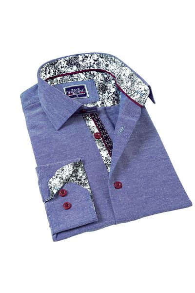 Exve Exclusive Blue Jeans Look Slim Fit Men's Shirt with Flower Pattern Detail on Collar and Cuff