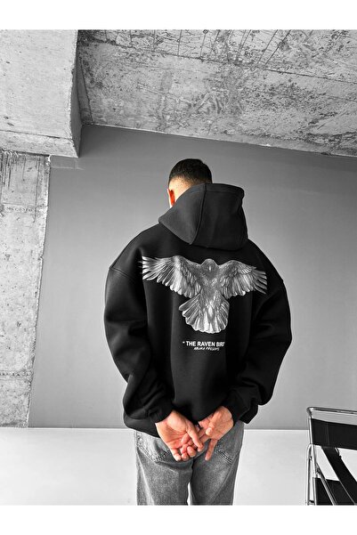 ablukaonline Μαύρο Unisex Oversize φούτερ με στάμπα Raven Premium με κουκούλα