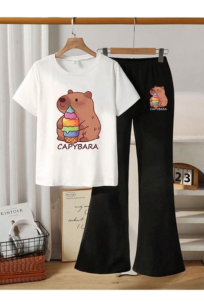LOUİSA Girl Capybara Printed White T-Shirt-Black Flared Leggings Set