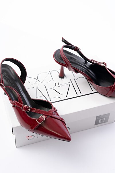 DİVOLYA Pony Claret Red Patent Leather (8 cm Heels) Pointed Toe Closed Buckle Open Back Stiletto Shoes