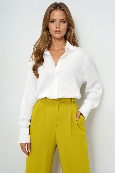 VAGGON Women's Ecru Oversize Silk Satin Shirt Vs00126