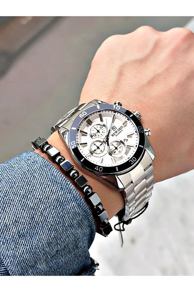 Reward Silver Color Steel Cord Stylish Design Men's Wristwatch + Bracelet