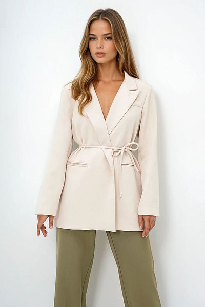 VAGGON Women's Beige Tie Blazer Jacket Vs00120