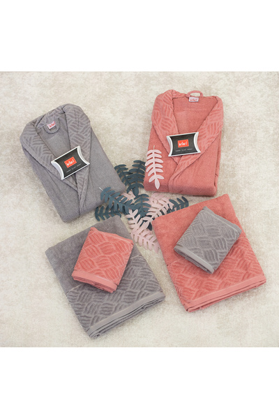 Brillant 6 Parça Gri - Yavruağzı Aile Bornoz Seti