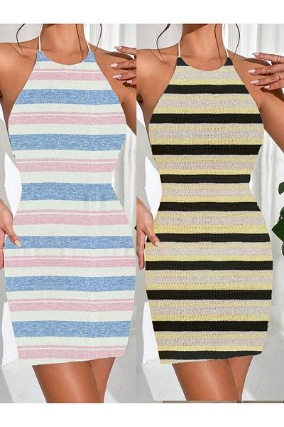 my cherie Double Pack Striped Knitwear Pareo Set