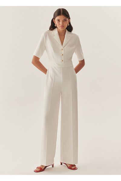 Exquise Gold Button Detailed Double Breasted Collar Regular White Jumpsuit