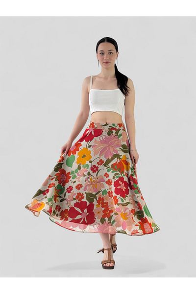 Retrobird Fusta lungă cu căptușeală evazată din șifon floral Valerie pentru femei, crem