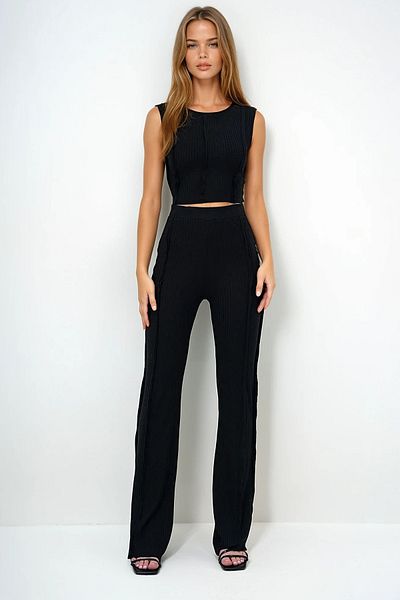 VAGGON Women's Black Reverse Stitching Detailed Lycra Sleeveless Blouse and Pants Set Prm1354