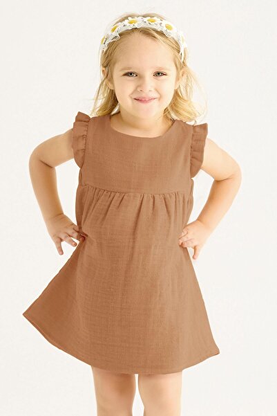 zepkids Crew Neck Ruffled Shoulder Camel Color Girl's Dress