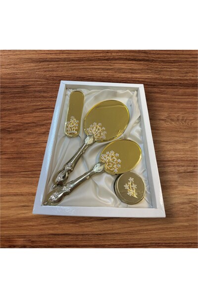 AMOR مجموعة مشط مرآة حجرية ذهبية لامعة (شجرة الحياة)