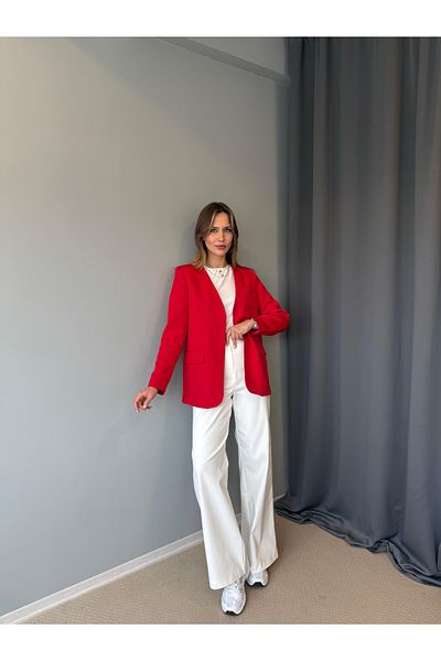 AlisaSu Red Collarless Buttonless Blazer Jacket