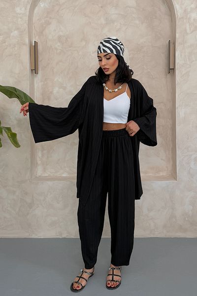 Ortaya Çık Black Seersucker Kimono Set