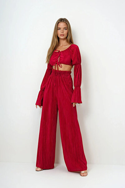 VAGGON Women's Red Wrinkled Bustier and Pants Set Vs00114