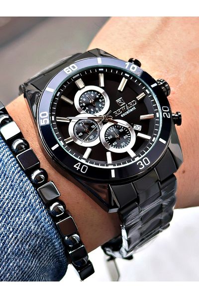 Reward Black Color Steel Cord Stylish Design Men's Wristwatch Bracelet