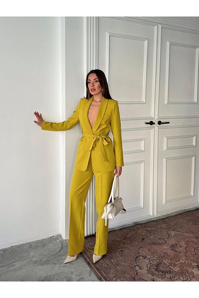 BUTİK ELAJ Women's Oil Green Belted Suit
