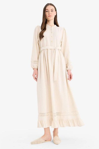 DeFacto New Season Regular Fit Judge Collar Belted Linen Blended Long Sleeve Hijab Dress
