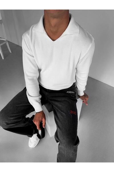 ablukaonline Ecru Men's Polo V-Neck Slim Fit Basic Sweater