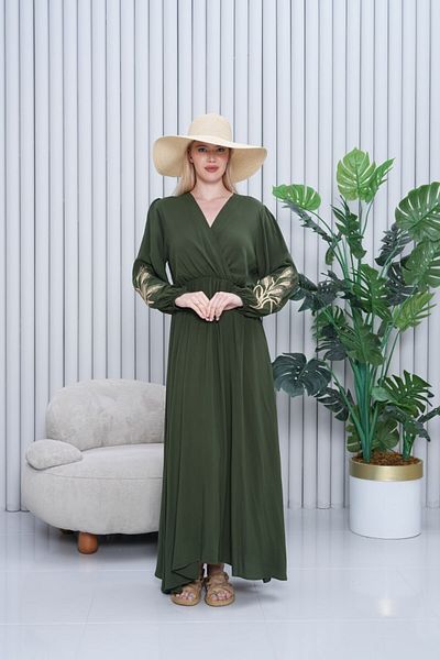 My Blog Khaki Sleeve Spike Embroidered Dress - 2075