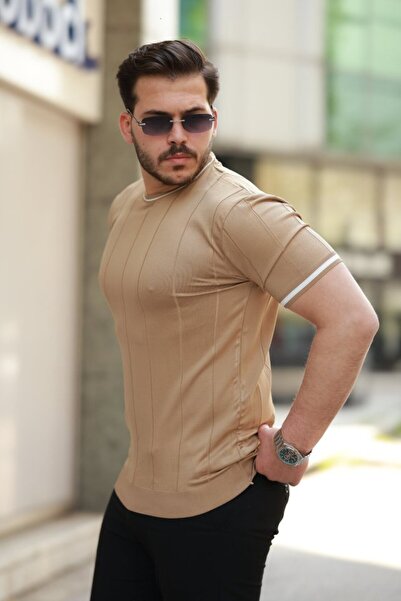 buğrahayalin Men's Crew Neck Line Patterned Ribbed Short Sleeve Tshirt