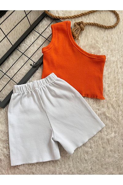 BAHNUR Baby Orange Corded Ribbed Single Sleeve Crop Suit Top and Bottom Summer Shorts Set