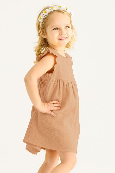 zepkids Crew Neck Ruffled Shoulders Light Brown Color Girl's Dress