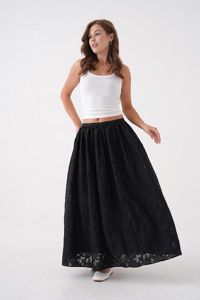 minaaise Fusta lungă, căptușită cu organza, din șifon negru ars, pentru femei 29096