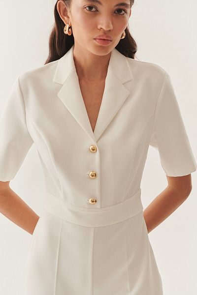 Exquise Gold Button Detailed Double Breasted Collar Regular White Jumpsuit