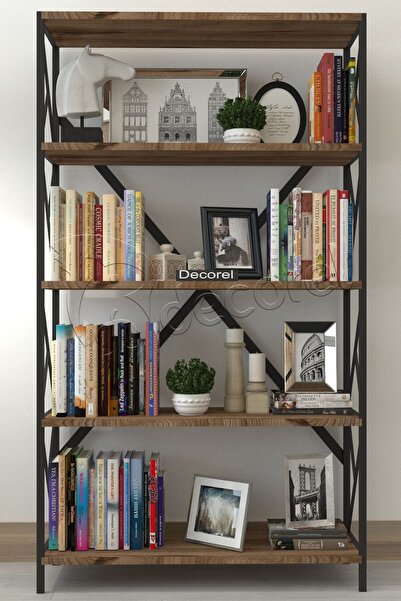Morpanya Aural Dekoratif 5 Raflı Kitaplık Geniş Metal Kitaplık Dosya Rafı Ofis Salon Raf 90x180cm Ceviz