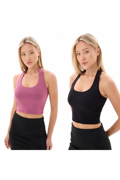 vesantia 2-Piece Black Dusty Rose Halter Crop